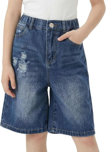 Girls' Distressed Denim Bermuda Shorts - Relaxed Fit Knee-Length Jean Shorts for Casual Daily Wear in Kuwait