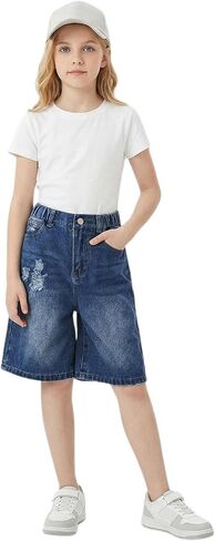 Girls' Distressed Denim Bermuda Shorts - Relaxed Fit Knee-Length Jean Shorts for Casual Daily Wear in Kuwait