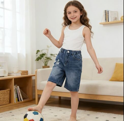 Girls' Distressed Denim Bermuda Shorts - Relaxed Fit Knee-Length Jean Shorts for Casual Daily Wear in Kuwait
