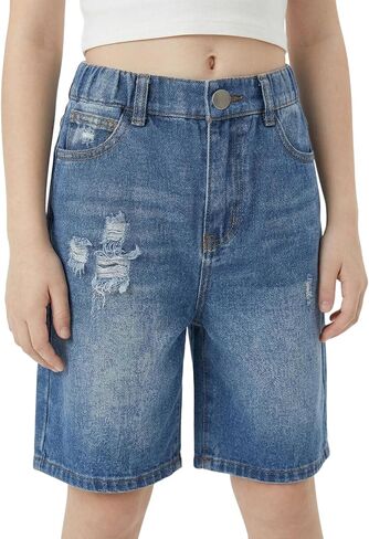 Girls' Distressed Denim Bermuda Shorts - Relaxed Fit Knee-Length Jean Shorts for Casual Daily Wear in Saudi Arabia
