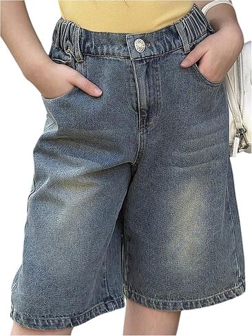 GORGLITTER Girl's Jean Shorts High Waisted Washed Knee Length Casual Wide Leg Bermuda Denim Shorts Jorts in Kuwait