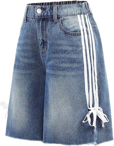 GORGLITTER Girl's Jean Shorts Cute Bow Jorts Y2k Raw Hem High Waist Wide Leg Denim Bermuda Shorts Summer Streetwear in Kuwait