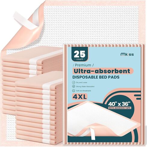 MKISS Extra Large Bed Pads with Adhesive Strips 40" x 36" 25 Count Super Absorbent Thicker Disposable Underpads Heavy Duty Incontinence Pads for Adults & Senior, Kids, Chucks Pee Pads for Training Pad in Saudi Arabia