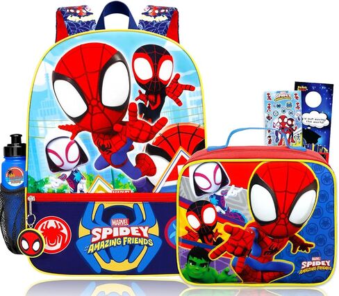 Spidey and His Amazing Friends Backpack and Lunchbox - Bundle with 16" Spiderman Backpack, Lunch Box, Water Bottle, Stickers, More | Spidey School Bag for Boys, Kids in Kuwait