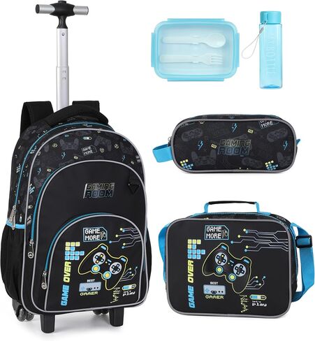Kids Rolling Backpack for Boys, Cartoon Wheeled Backpack Set with Lunch Bag & Pencil Case Backpack with Wheels (Football) in Saudi Arabia
