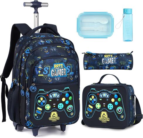 Kids Rolling Backpack for Boys, Cartoon Wheeled Backpack Set with Lunch Bag & Pencil Case Backpack with Wheels (Football) in Saudi Arabia