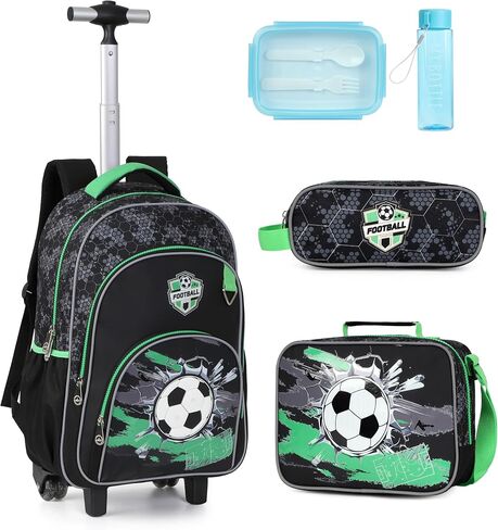 Kids Rolling Backpack for Boys, Cartoon Wheeled Backpack Set with Lunch Bag & Pencil Case Backpack with Wheels (Football) in Saudi Arabia
