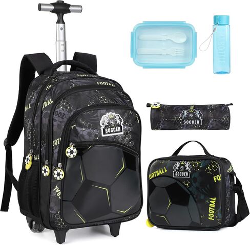 Kids Rolling Backpack for Boys, Cartoon Wheeled Backpack Set with Lunch Bag & Pencil Case Backpack with Wheels (Football) in Saudi Arabia