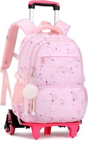 Pink Star Print Rolling Backpack for Girls Kids Backpack with Wheels Roller Bookbag Preschool Trolley School Bag Wheeled Bag in Saudi Arabia