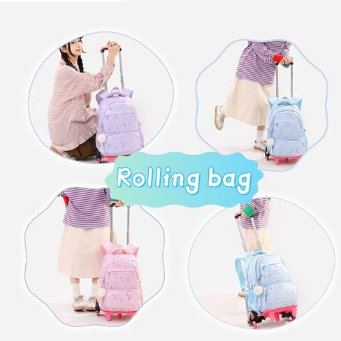 Pink Star Print Rolling Backpack for Girls Kids Backpack with Wheels Roller Bookbag Preschool Trolley School Bag Wheeled Bag in Saudi Arabia
