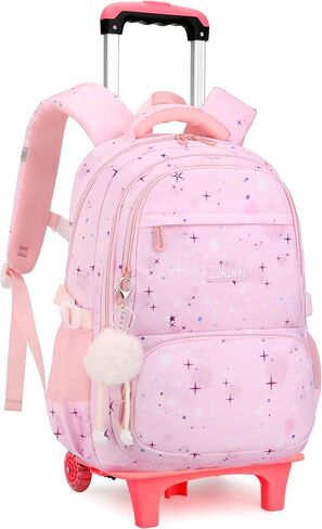Pink Star Print Rolling Backpack for Girls Kids Backpack with Wheels Roller Bookbag Preschool Trolley School Bag Wheeled Bag in Saudi Arabia