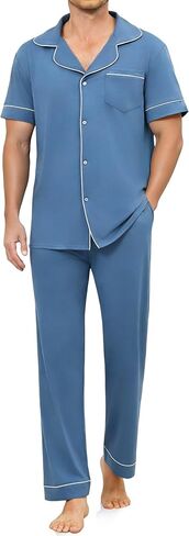Men's Cotton Pajamas Set Short Sleeve and Long Pants Pjs Two Pieces Fashionable Loungewear with Pockets in Saudi Arabia