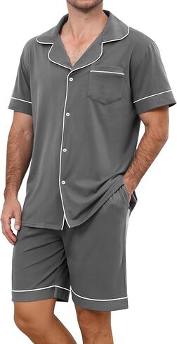 Mens Pajamas Set Cotton Short Sets for Men Button Down Sleepwear Summer Lightweight Mens Shorts Pjs Sets with Pockets in Saudi Arabia