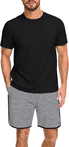 Mens Cotton Pajamas Set Stripe 2 Piece Lounge Set Pjs Summer Short Sleeve and Shorts Comfy Loungewear with Pockets in Saudi Arabia