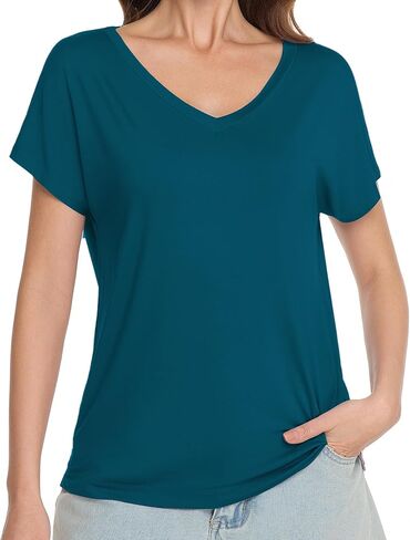 WiWi Bamboo Viscose Shirts for Women, Super Soft Short Sleeve Sleep Pajama Tops, Cooling Satin V Neck Summer Lounge Wear in Kuwait
