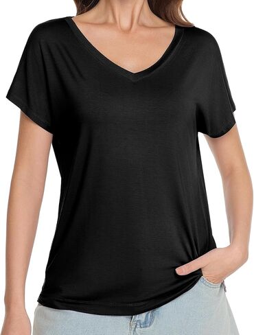 WiWi Bamboo Viscose Shirts for Women, Super Soft Short Sleeve Sleep Pajama Tops, Cooling Satin V Neck Summer Lounge Wear in Kuwait