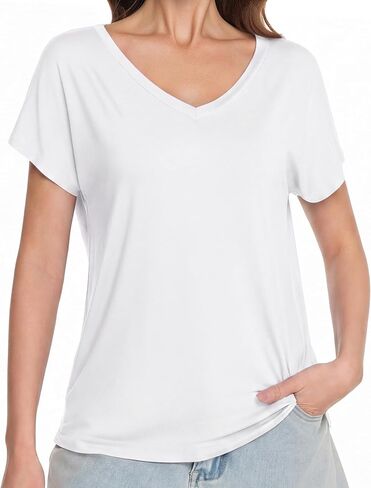 WiWi Bamboo Viscose Shirts for Women, Super Soft Short Sleeve Sleep Pajama Tops, Cooling Satin V Neck Summer Lounge Wear in Kuwait