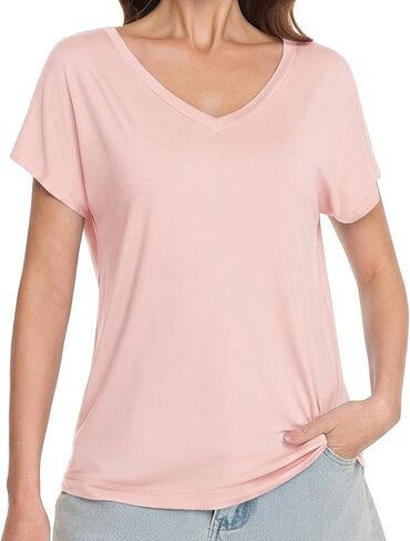 WiWi Bamboo Viscose Shirts for Women, Super Soft Short Sleeve Sleep Pajama Tops, Cooling Satin V Neck Summer Lounge Wear in Kuwait
