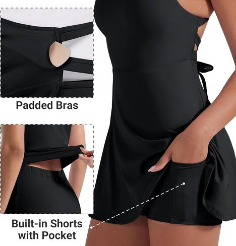 YEOREO CoreFlex Womens Tennis Dress Built in Shorts Pocket Padded Bras Workout Skirts Backless Tie Golf Dress in Kuwait