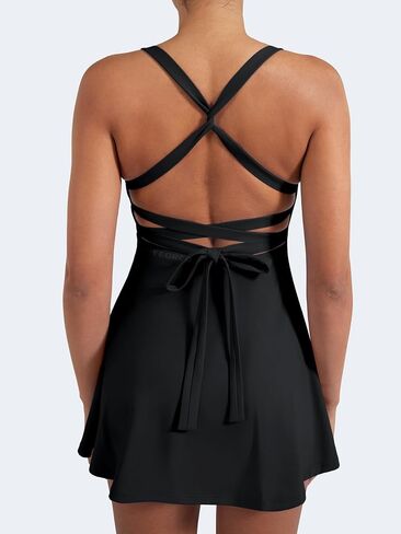 YEOREO CoreFlex Womens Tennis Dress Built in Shorts Pocket Padded Bras Workout Skirts Backless Tie Golf Dress in Kuwait