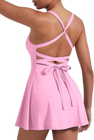 YEOREO CoreFlex Womens Tennis Dress Built in Shorts Pocket Padded Bras Workout Skirts Backless Tie Golf Dress in Kuwait