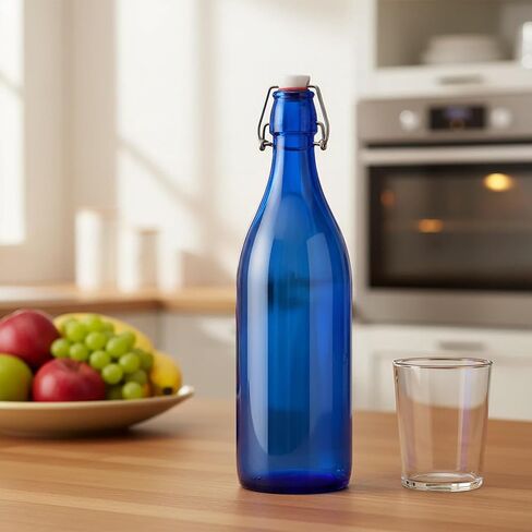 Fox Run Blue Flip Top Glass Bottle, 1 Liter Air Tight Bottle with Flip Top Lid, 12.5" x 3.4" in Kuwait