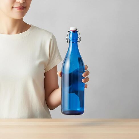Fox Run Blue Flip Top Glass Bottle, 1 Liter Air Tight Bottle with Flip Top Lid, 12.5" x 3.4" in Kuwait