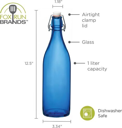 Fox Run Blue Flip Top Glass Bottle, 1 Liter Air Tight Bottle with Flip Top Lid, 12.5" x 3.4" in Kuwait