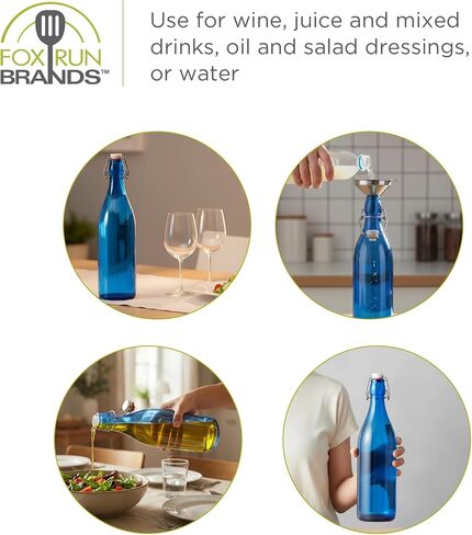 Fox Run Blue Flip Top Glass Bottle, 1 Liter Air Tight Bottle with Flip Top Lid, 12.5" x 3.4" in Kuwait