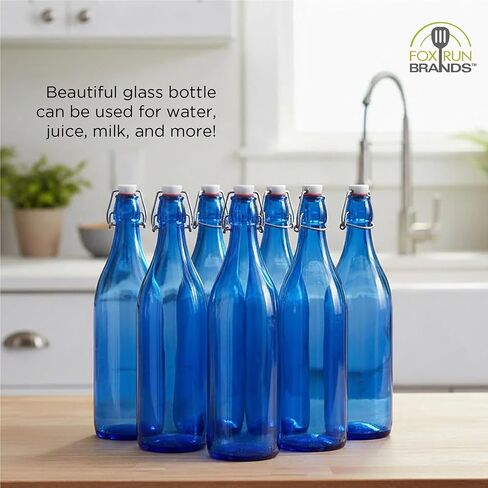 Fox Run Blue Flip Top Glass Bottle, 1 Liter Air Tight Bottle with Flip Top Lid, 12.5" x 3.4" in Kuwait