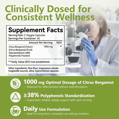 Citrus Bergamot Supplement 1000mg, Standardized 38% Polyphenols High-Potency Extract for Heart & Metabolic Wellness, Antioxidant-Rich Formula, Non-GMO, Made in USA, 90 Vegan Capsules in Kuwait