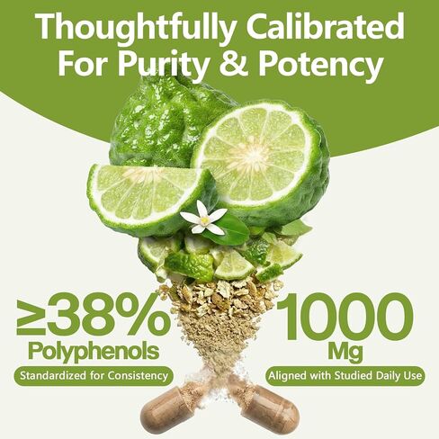Citrus Bergamot Supplement 1000mg, Standardized 38% Polyphenols High-Potency Extract for Heart & Metabolic Wellness, Antioxidant-Rich Formula, Non-GMO, Made in USA, 90 Vegan Capsules in Kuwait