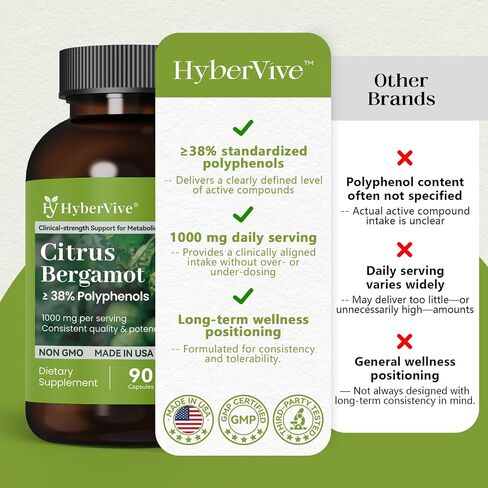 Citrus Bergamot Supplement 1000mg, Standardized 38% Polyphenols High-Potency Extract for Heart & Metabolic Wellness, Antioxidant-Rich Formula, Non-GMO, Made in USA, 90 Vegan Capsules in Kuwait