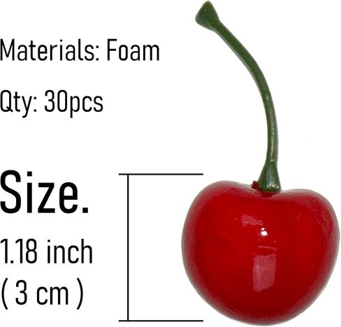 30 Pcs Fake Cherries, 30mm/1.18 Inch Artificial Red Cherry, Simulation Lifelike Fake Fruit for Home Kitchen Dining Decoration in Kuwait