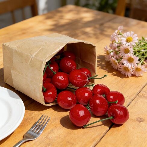 30 Pcs Fake Cherries, 30mm/1.18 Inch Artificial Red Cherry, Simulation Lifelike Fake Fruit for Home Kitchen Dining Decoration in Kuwait