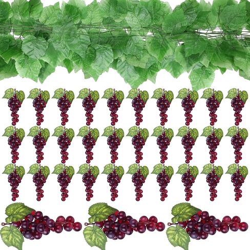 30 Pack Artificial Fake Grapes with 12 Strands Faux Grape Vines Hanging Plant Leaves Realistic Fruits Decoration for Home Party Garland Wedding Outside Decor (Purple) in Saudi Arabia