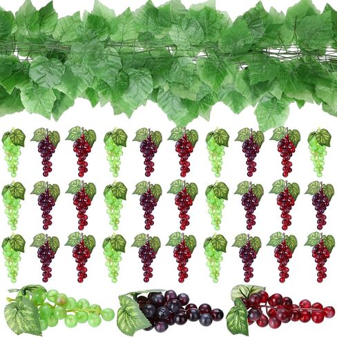 30 Pack Artificial Fake Grapes with 12 Strands Faux Grape Vines Hanging Plant Leaves Realistic Fruits Decoration for Home Party Garland Wedding Outside Decor (Purple) in Kuwait