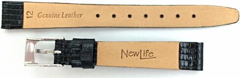 NewLife 12mm Black Genuine Leather Watchband | Tail Lizard Grain, Flat Replacement Bracelet Watchstrap that brings to Any Watch (Womens Standard Length) in Kuwait
