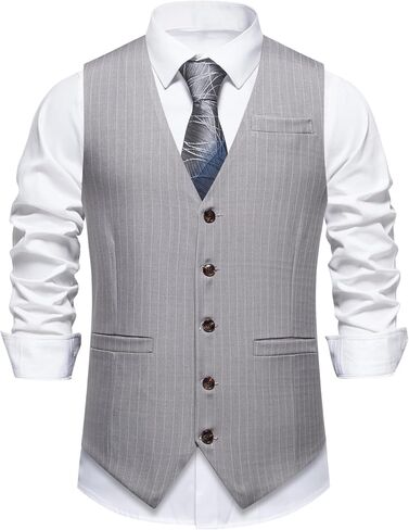 Mens Suit Vest Formal Casual Dress Vest with 3 Pockets Business Wedding Pinstripe Tuxedo Waistcoat Vest for Men in Saudi Arabia