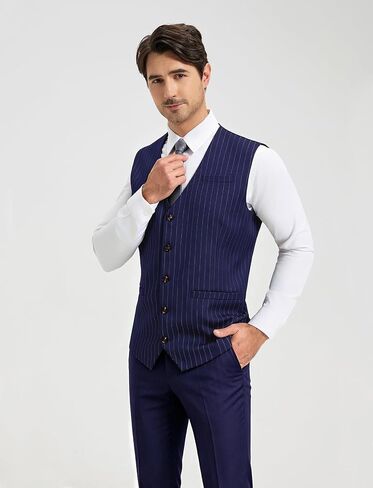 Mens Suit Vest Formal Casual Dress Vest with 3 Pockets Business Wedding Pinstripe Tuxedo Waistcoat Vest for Men in Kuwait