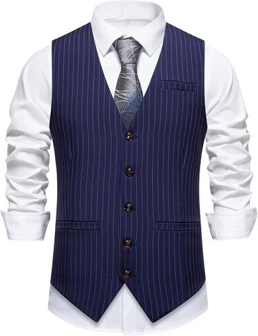 Mens Suit Vest Formal Casual Dress Vest with 3 Pockets Business Wedding Pinstripe Tuxedo Waistcoat Vest for Men in Kuwait
