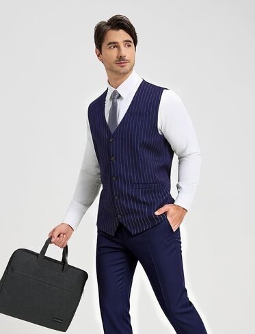 Mens Suit Vest Formal Casual Dress Vest with 3 Pockets Business Wedding Pinstripe Tuxedo Waistcoat Vest for Men in Kuwait