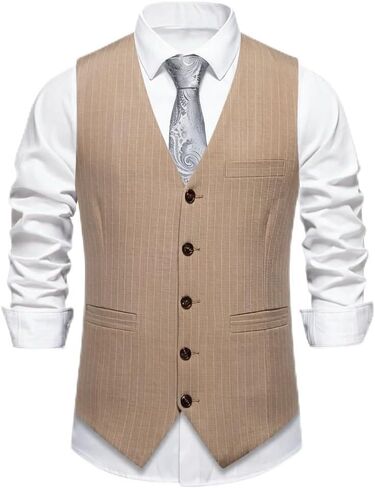 Mens Suit Vest Formal Casual Dress Vest with 3 Pockets Business Wedding Pinstripe Tuxedo Waistcoat Vest for Men in Kuwait