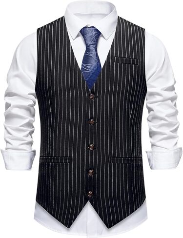 Mens Suit Vest Formal Casual Dress Vest with 3 Pockets Business Wedding Pinstripe Tuxedo Waistcoat Vest for Men in Kuwait