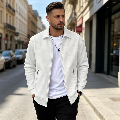 Men's Lightweight Waffle Knit Jacket, Casual Collared Long Sleeve Slim Fit Shirt Jacket for Daily Work Street Walking in Kuwait