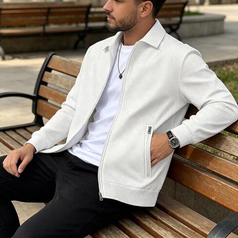 Men's Lightweight Waffle Knit Jacket, Casual Collared Long Sleeve Slim Fit Shirt Jacket for Daily Work Street Walking in Kuwait