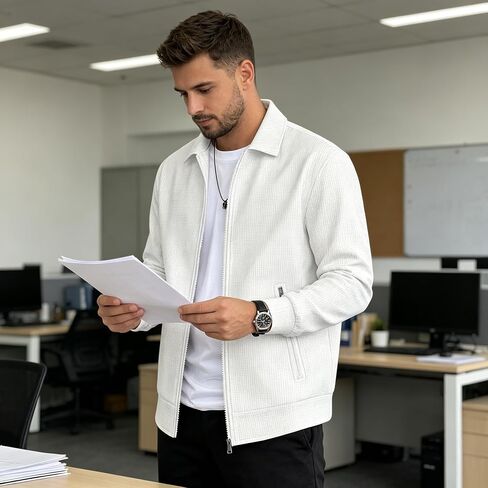 Men's Lightweight Waffle Knit Jacket, Casual Collared Long Sleeve Slim Fit Shirt Jacket for Daily Work Street Walking in Kuwait