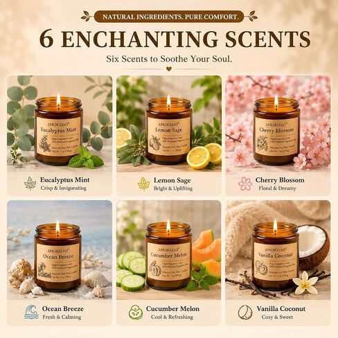6 Pack Scented Candles for Home Scented: Soy Candles for Women Men, 42oz 300H Burning Aromatherapy Candle Set, Jar Candle Gift Set for Birthday, Scents of Eucalyptus/Sage/Cherry/Ocean/Melon/Vanilla in Saudi Arabia