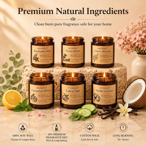 6 Pack Scented Candles for Home Scented: Soy Candles for Women Men, 42oz 300H Burning Aromatherapy Candle Set, Jar Candle Gift Set for Birthday, Scents of Eucalyptus/Sage/Cherry/Ocean/Melon/Vanilla in Saudi Arabia