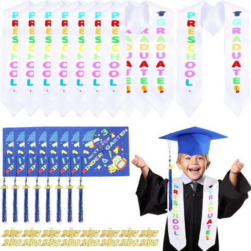 Barblog 8 Preschool Graduation Cap with Tassel and 8 pcs Sash Printed Graduation Stoles Kindergarten Graduation Hat for Unisex Graduation (Blue Set) in Kuwait